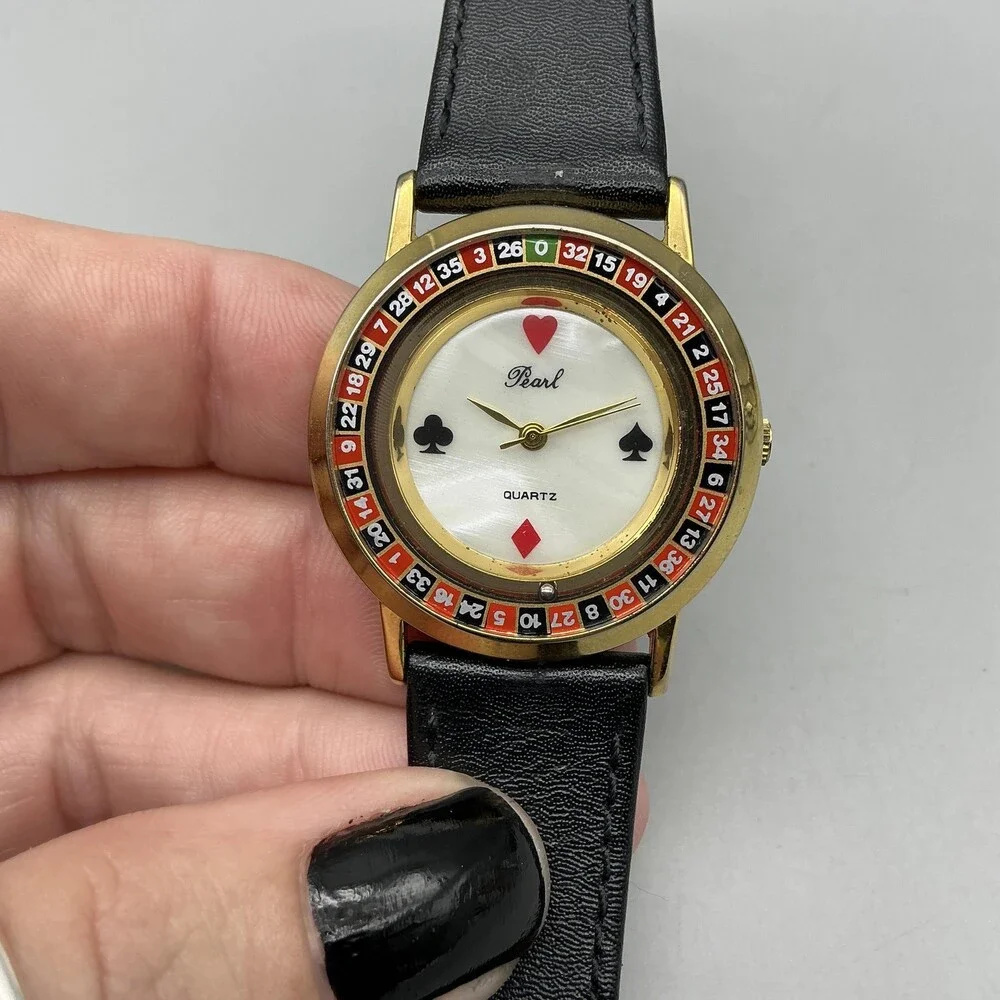 Vintage Pearl Unisex Watch 33mm MOP Casino Roulette Bezel Leather New Battery
